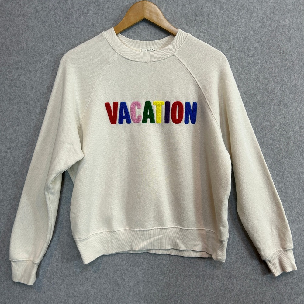 Z SUPPLY Vacation Pullover Sweatshirt Ivory Rainbow Chenille Embroidery Size XS